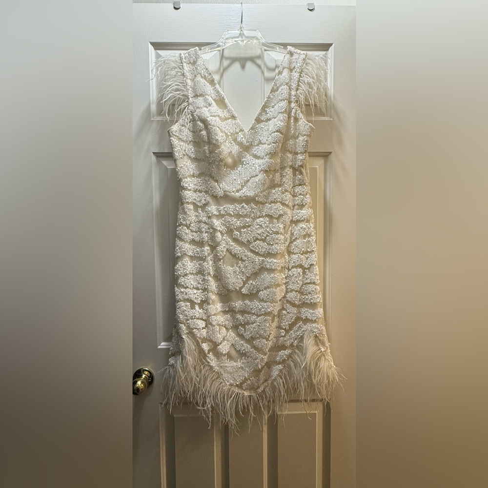 Elegant Cream Midi Dress with Feather Details From Turkey